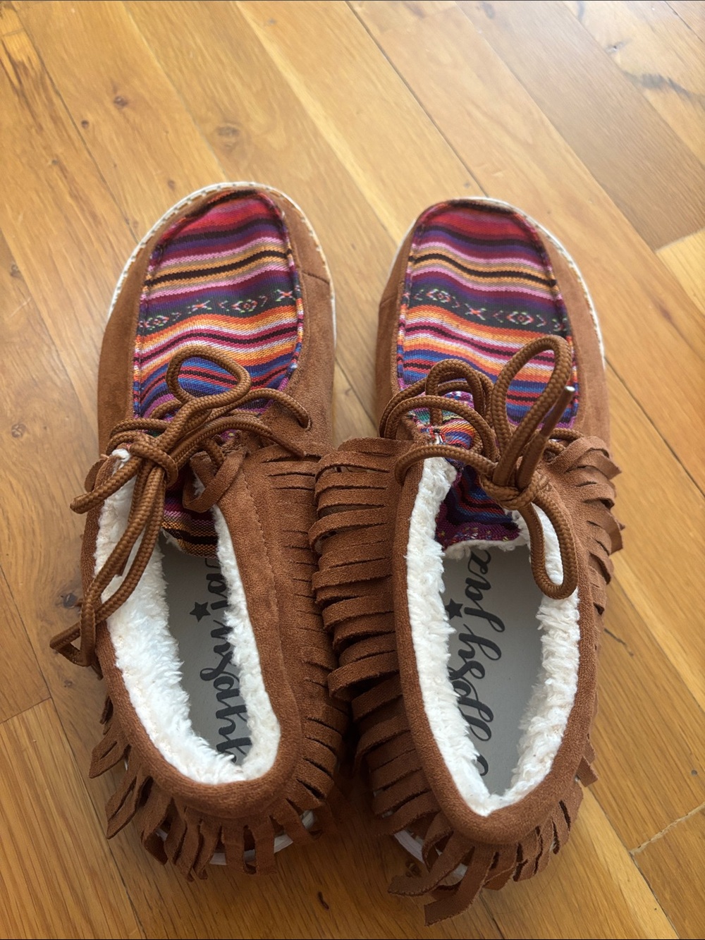 Gypsy Jazz Brown Fringe Moccasins with Multicolor Patterned Insole